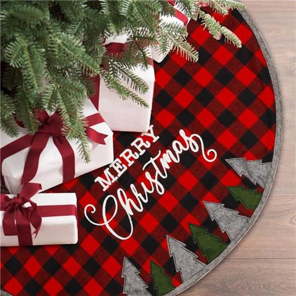 32 Inch Christmas Tree Skirt, Soft Red and Black Plaid Christmas Tree Mat - Picture 1 of 8